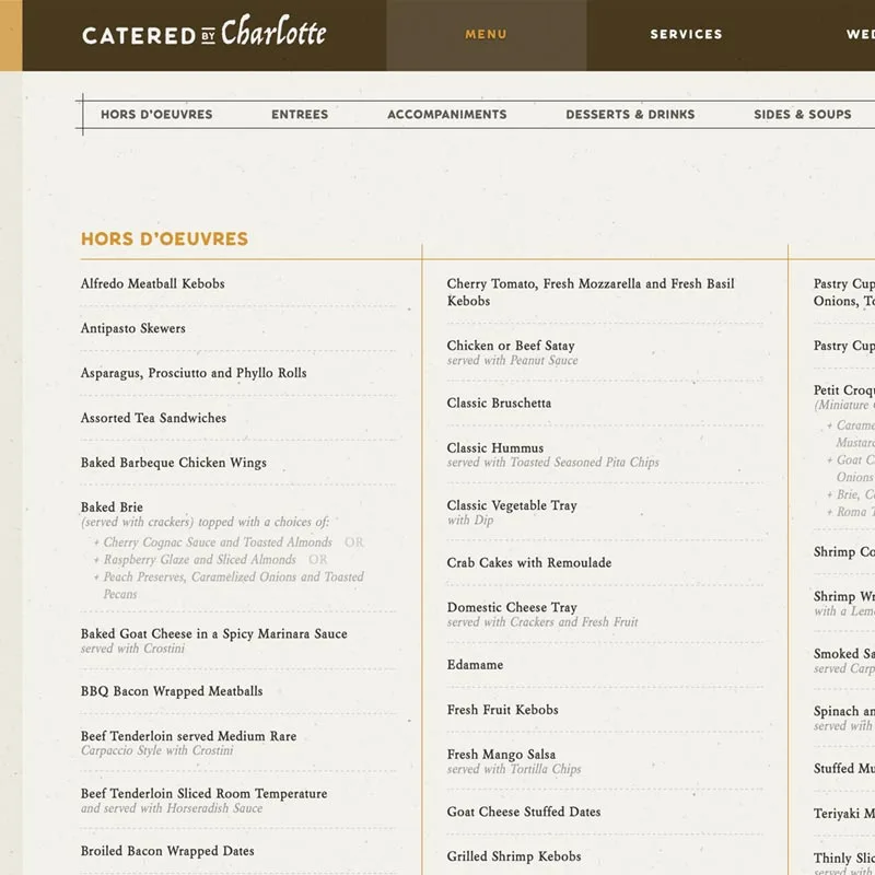 Screenshot of menu page on cateredbycharlotte.com designed and coded by Net Ingredients